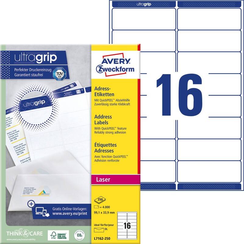 Étiquettes d'adresse Ultragrip Avery L7162-250 Adhésif A4 Blanc 99.1 x 33.9 mm 250 Feuilles de 16 Étiquettes