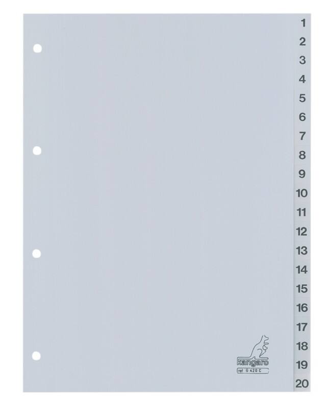 Intercalaires numériques 1 à 20 KANGARO  A4 Gris 20 intercalaires PP (Polypropylène) 4 Perforations G420C