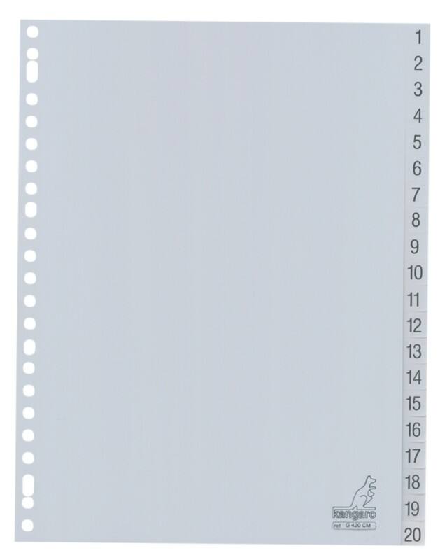 Intercalaires numériques 1 à 20 KANGARO  A4 Gris 20 intercalaires PP (Polypropylène) 23 Perforations G420CM