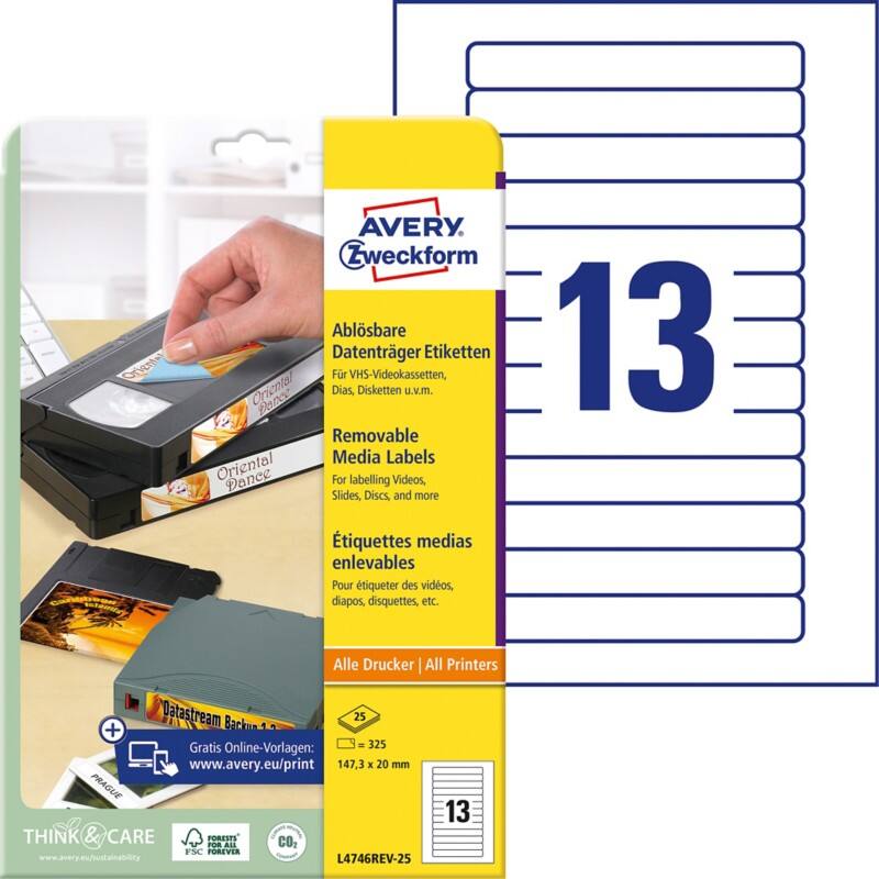Étiquettes de bandes vidéo Avery L4746REV-25 A4 Blanc 147,3 x 20 mm 25 Feuilles de 13 Étiquettes