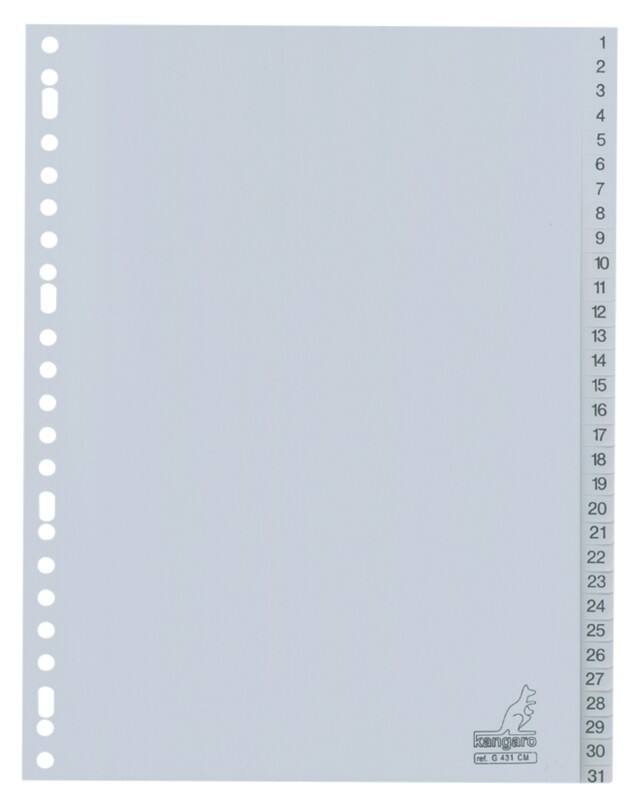 Intercalaires numériques 1 à 31 KANGARO  A4 Gris 31 intercalaires PP (Polypropylène) 23 Perforations G431CM