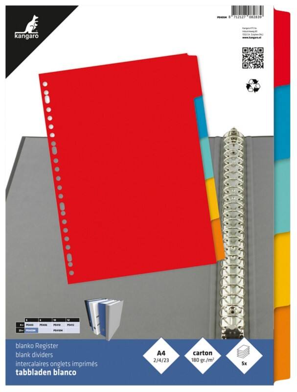 Intercalaires vierges Vierge KANGARO  A4 Assortiment 5 intercalaires 180 g/m² Carton 23 Perforations PE405M