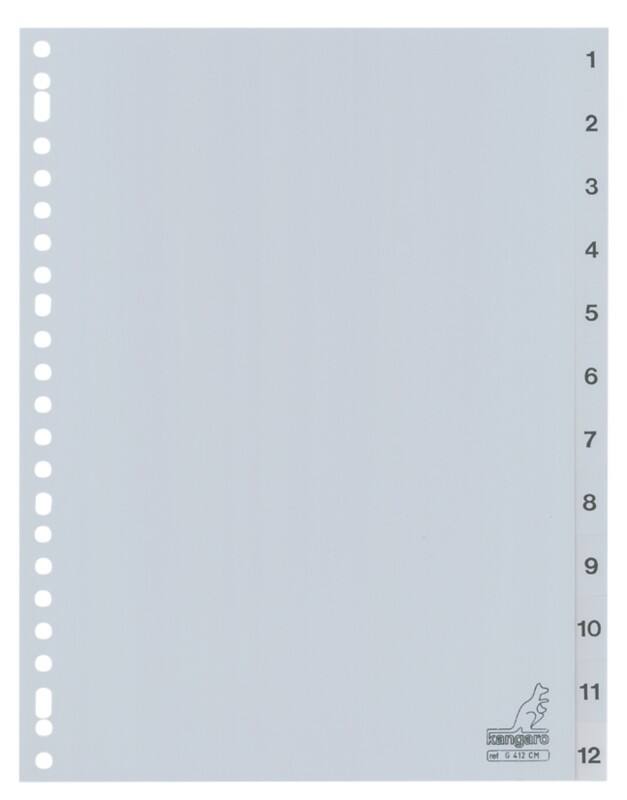 Intercalaires numériques 1 à 12 KANGARO  A4 Gris 12 intercalaires PP (Polypropylène) 23 Perforations G412CM
