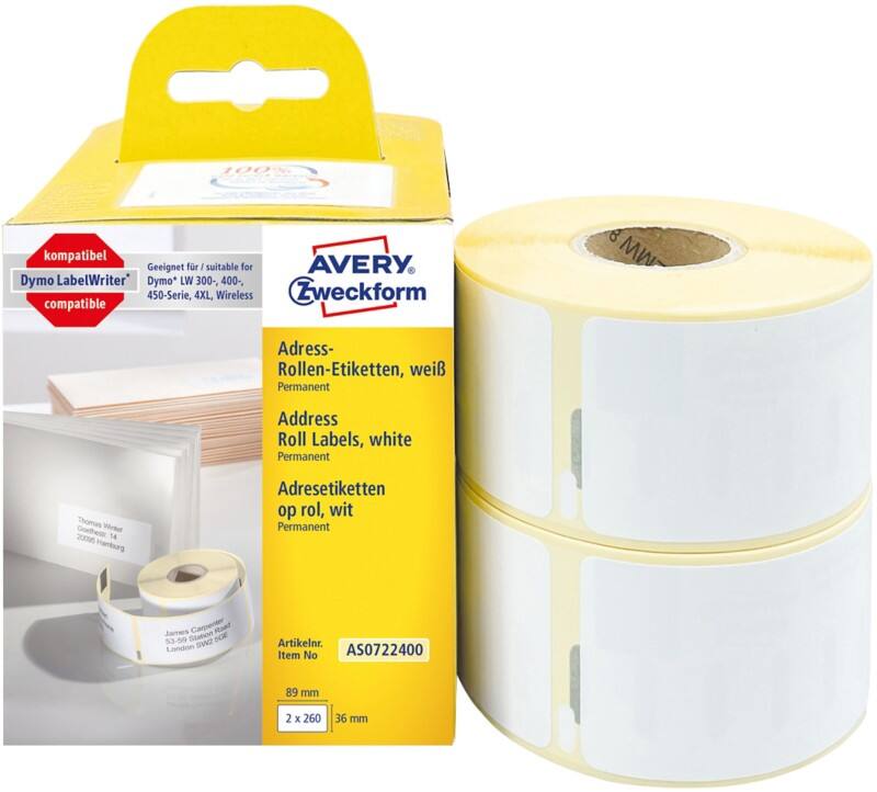 Étiquettes d'adresse Avery LW S0722400 / 99012 Dymo Compatibles Autocollantes Blanc 36 x 89 mm 2 rouleaux de 260 étiquettes