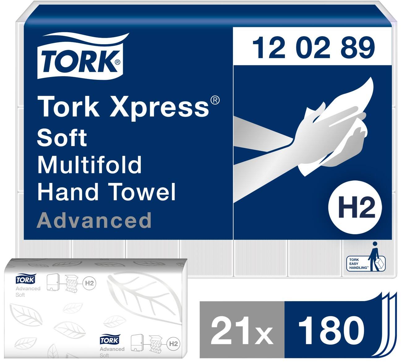 Essuie-mains interfoliés doux Tork Xpress - 120289 - Papiers d'essuyage pliés en Z, qualité Advanced, pour Distributeur H2 - Absorbant et indéchirable, petit, 2 plis, blanc - 21 x 180 feuilles