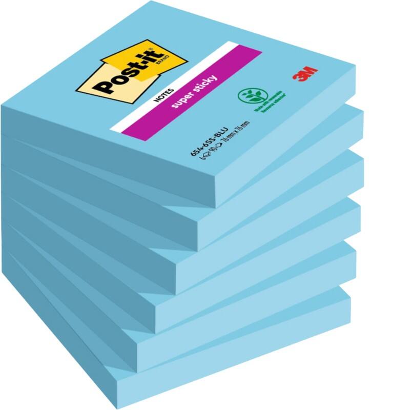Notes Super Sticky Post-it 76 x 76 mm Bleu Carré 6 Blocs de 90 Feuilles