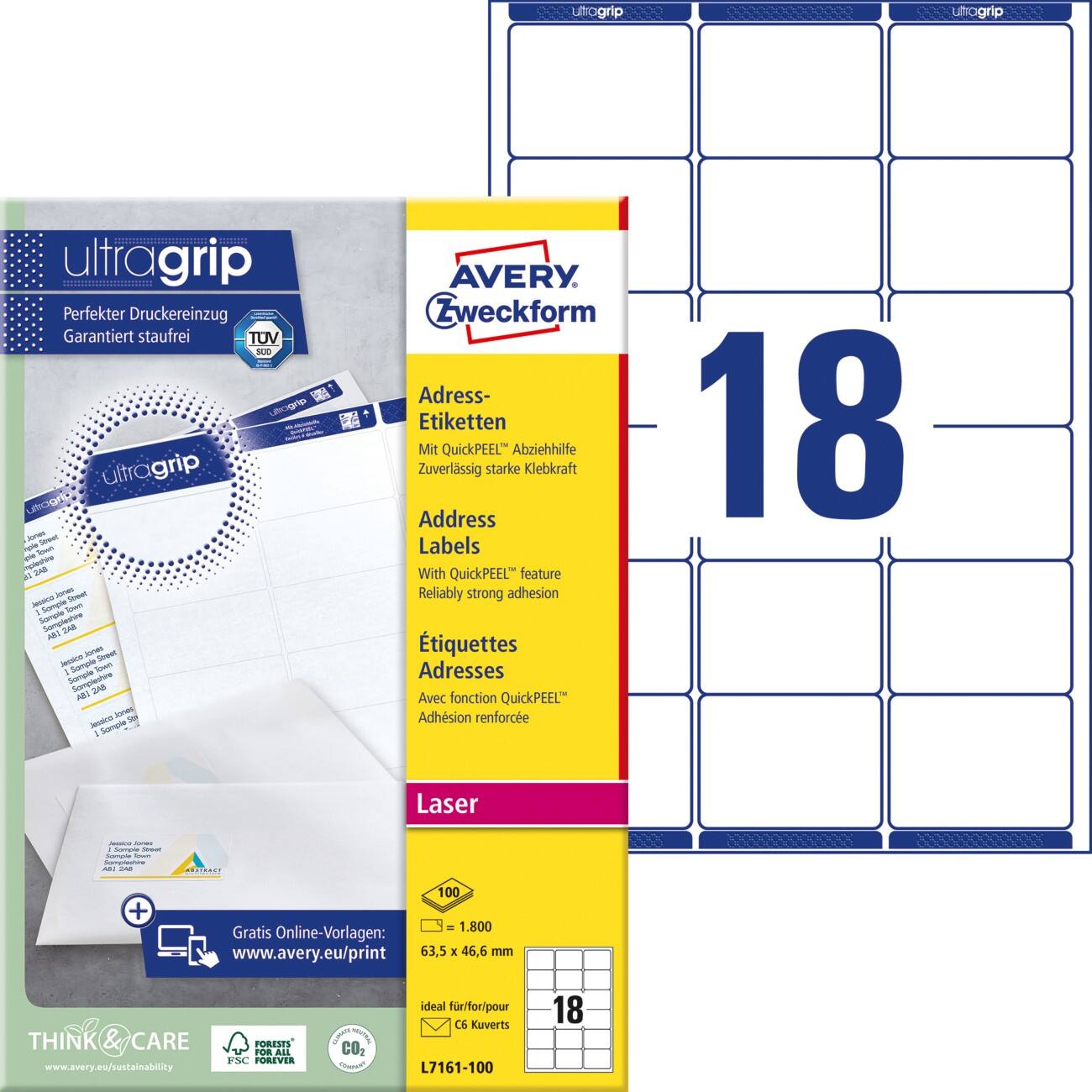 Étiquettes d'adresse AVERY Zweckform UltraGrip L7161-100 Adhésif A4 Blanc 63,5 x 46,6 mm 100 feuilles de 18 unités
