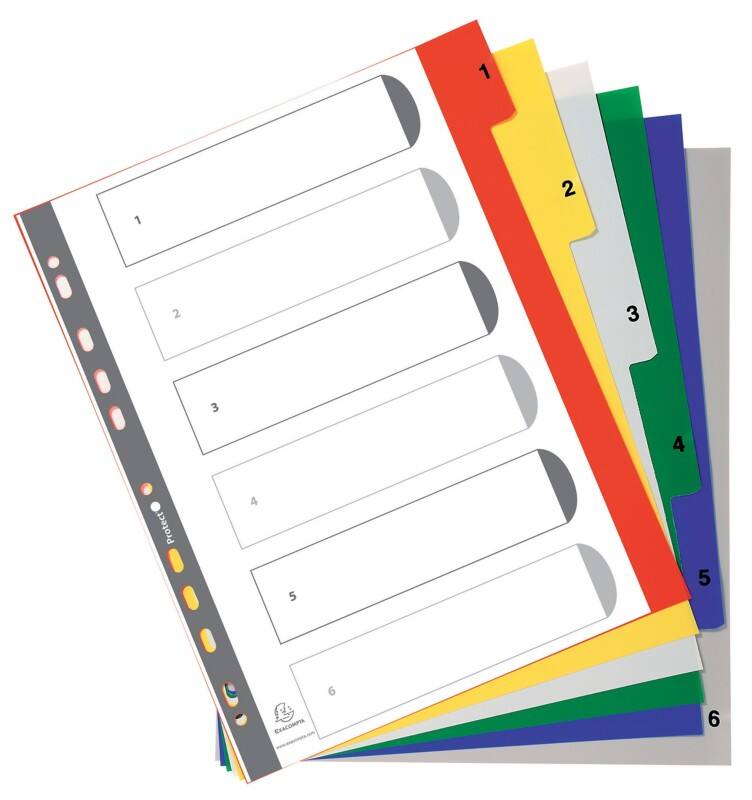 Intercalaires numériques 1 à 6 Exacompta A4+ Assortiment 6 intercalaires PP (Polypropylène) 11 Perforations 2506E