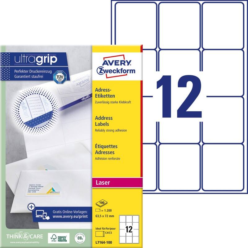 Étiquettes d'adresse Avery Ultragrip L7164-100 Adhésif A4 Blanc 63.5 x 72 mm 100 Feuilles de 12 Étiquettes