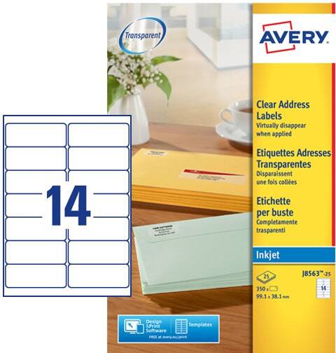 Étiquettes d'adresse Avery J8563-25 Adhésif A4 Transparent 99.1 x 38.1 mm 25 Feuilles de 14 Étiquettes