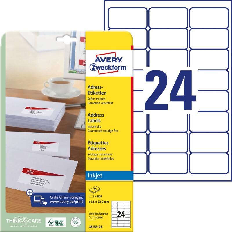 Étiquettes universelles Avery J8159-25 Blanc A4 63,5 x 33,9 mm 24 Feuilles de 25 Étiquettes