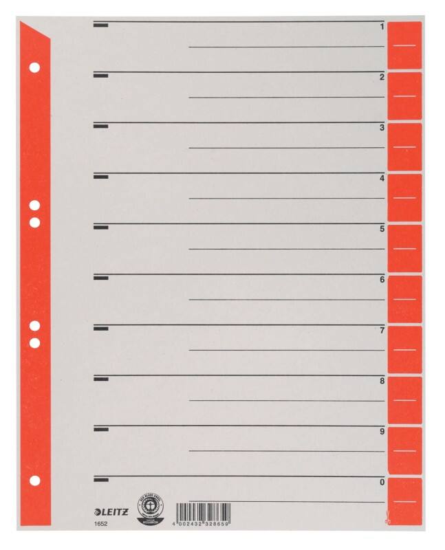 Intercalaires Leitz 1 à 10 A4 extra large Rouge 1 intercalaire Carton 6 Perforations 1652 100 Unités