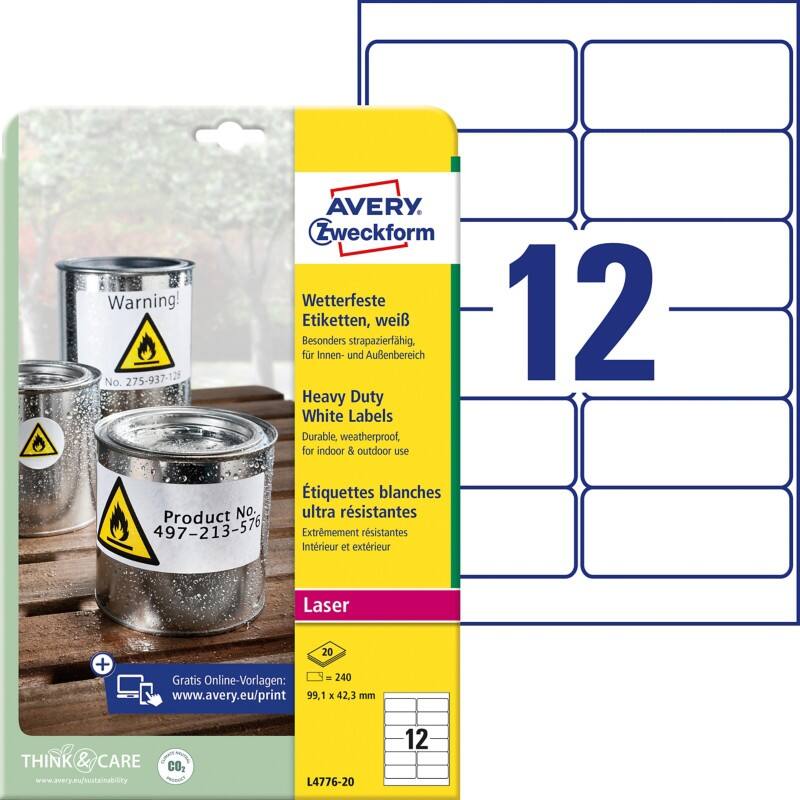 Étiquettes imperméables Avery L4776-20 Blanc A4 99,1 x 42,3 mm 20 Feuilles de 12 Étiquettes
