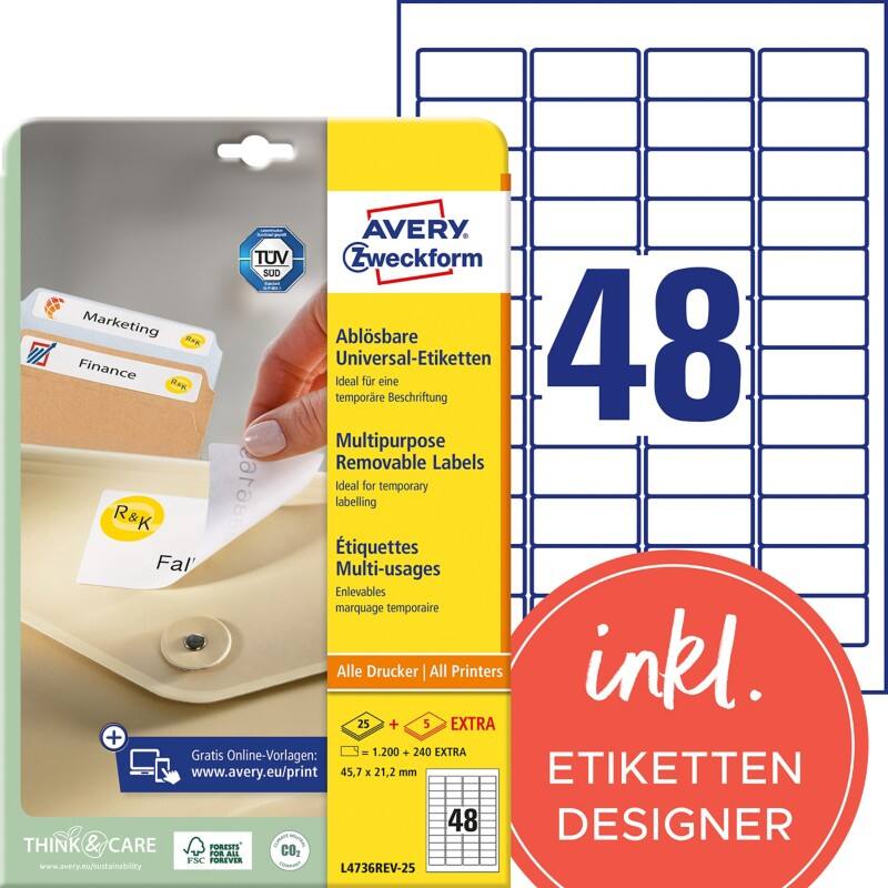 Étiquettes universelles Avery L4736REV-25 Adhésif A4 Blanc 45.7 x 21.2 mm 30 Feuilles de 48 Étiquettes