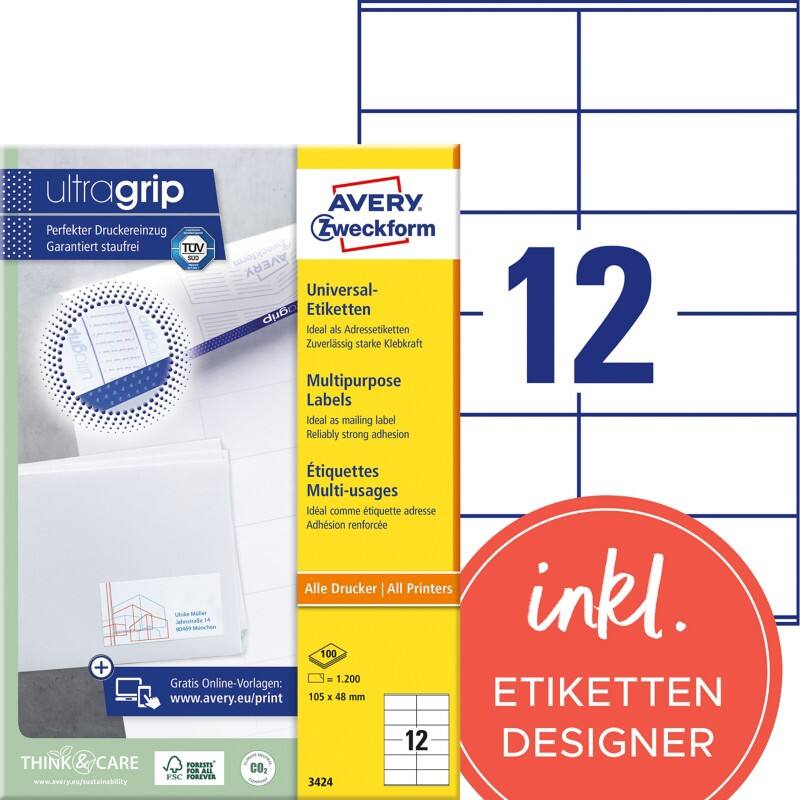 Étiquettes universelles Ultragrip Avery 3424 Adhésif A4 Blanc 105 x 48 mm 100 Feuilles de 12 Étiquettes