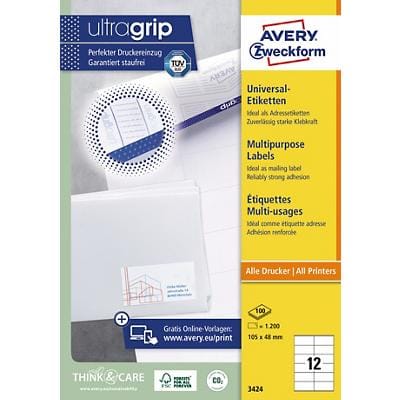 Étiquettes universelles AVERY Zweckform 3424 Ultragrip Blanc A4 105 x 48 mm 100 Feuilles de 12 Étiquettes