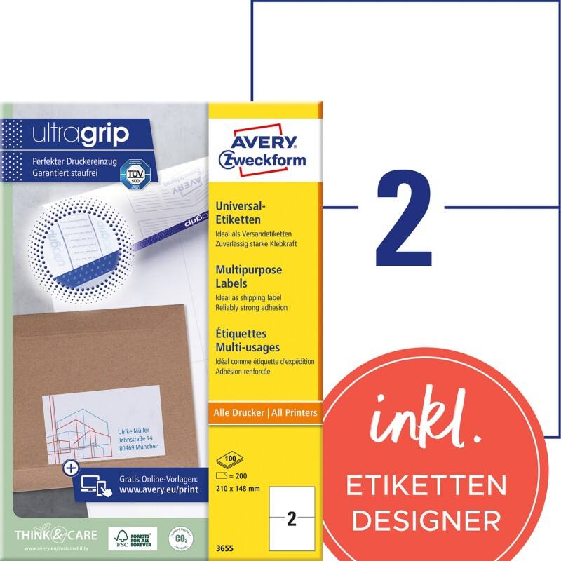 Étiquettes universelles Ultragrip Avery 3655 Adhésif A4 Blanc 210 x 148 mm 100 Feuilles de 2 Étiquettes