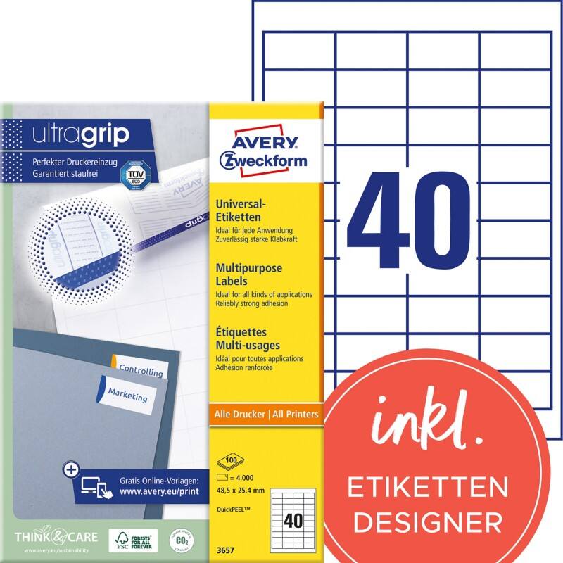 Étiquettes universelles Ultragrip Avery 3657 Adhésif A4 Blanc 48.5 x 25.4 mm 100 Feuilles de 40 Étiquettes