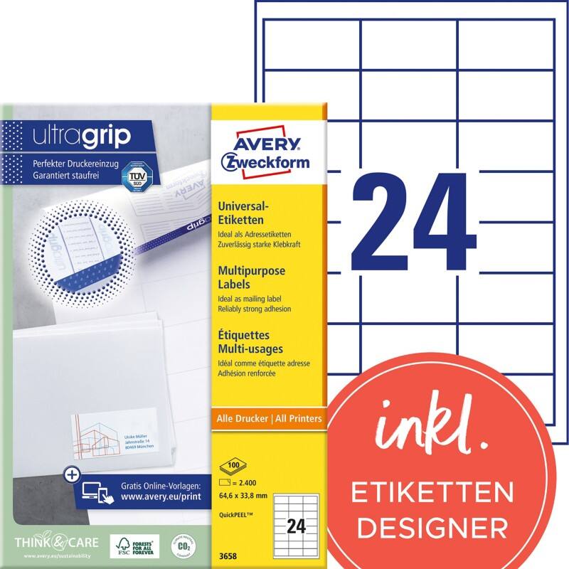 Étiquettes universelles Ultragrip Avery 3658 Adhésif A4 Blanc 64.6 x 33.8 mm 100 Feuilles de 24 Étiquettes