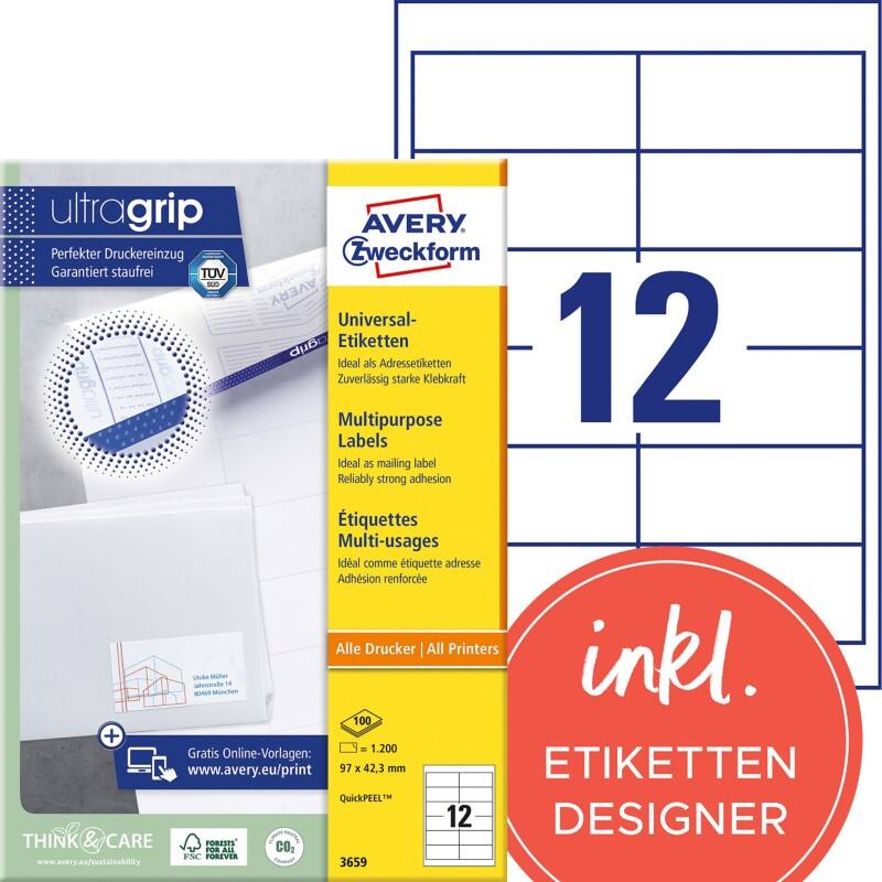 Étiquettes universelles Ultragrip Avery 3659 Adhésif A4 Blanc 97 x 42.3 mm 100 Feuilles de 12 Étiquettes