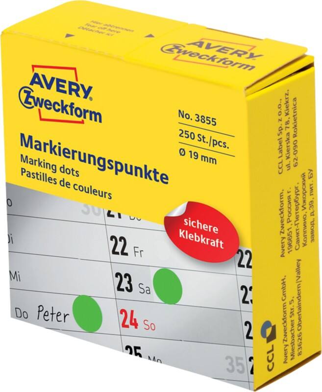 Pastilles autocollantes Avery 3855 Adhésif Spécial Vert 250 Unités