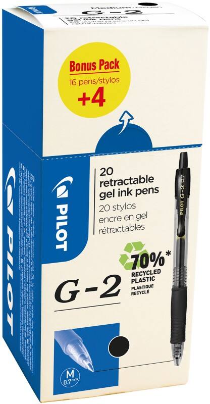 Roller encre gel Pilot G2 Rétractable Noir 0,4 mm Moyen Conique Rechargeable 70% Recyclé 20 Unités