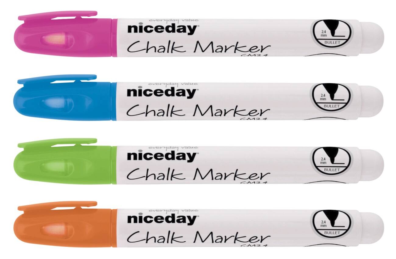 Marqueur craie Niceday CM2.4 Moyenne Pointe Ogive Rose, Orange, Bleu, Vert 4 Unités