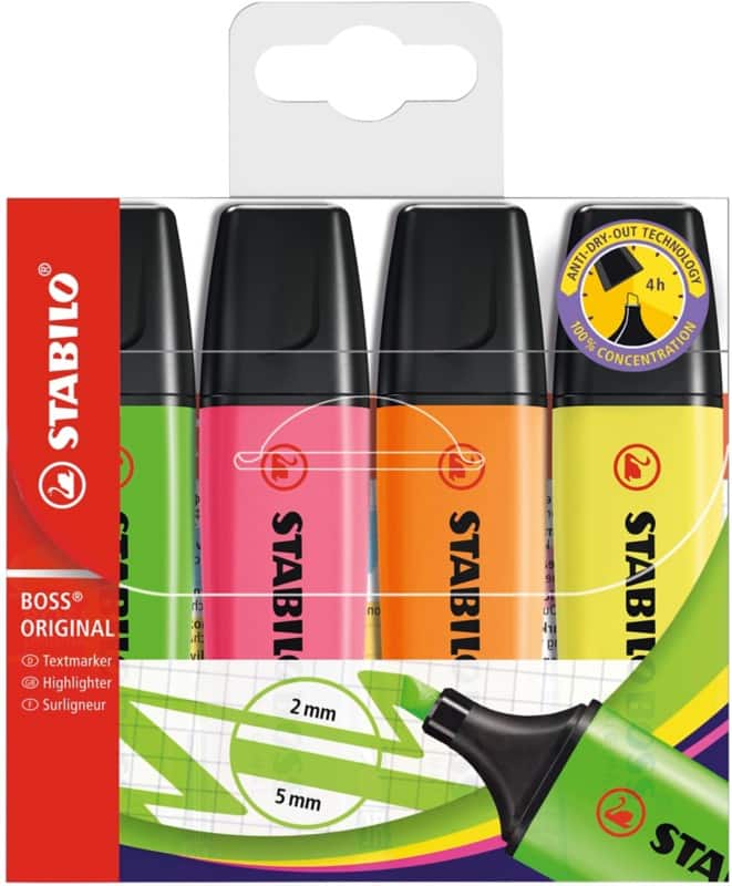 Surligneur STABILO BOSS ORIGINAL Assortiment Moyen Biseauté 2 - 5 mm Rechargeable 4 Unités