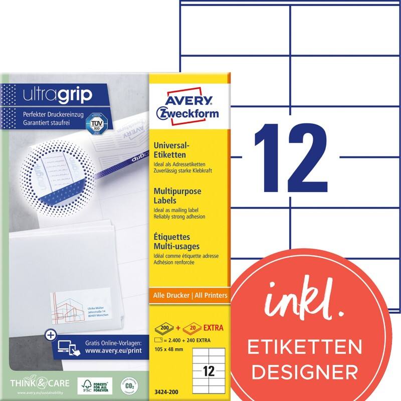 Étiquettes multifonctions Ultragrip Laser Avery 3424-200 Adhésif A4 Blanc 105 x 48 mm 220 Feuilles de 12 Étiquettes