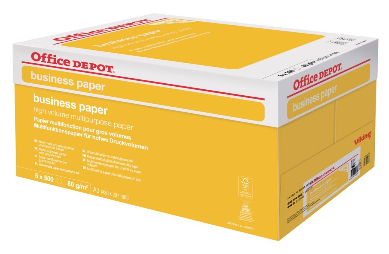 Papier Office Depot Business A3 80 g/m² Blanc Boîte de 5 ramettes de 500 Feuilles