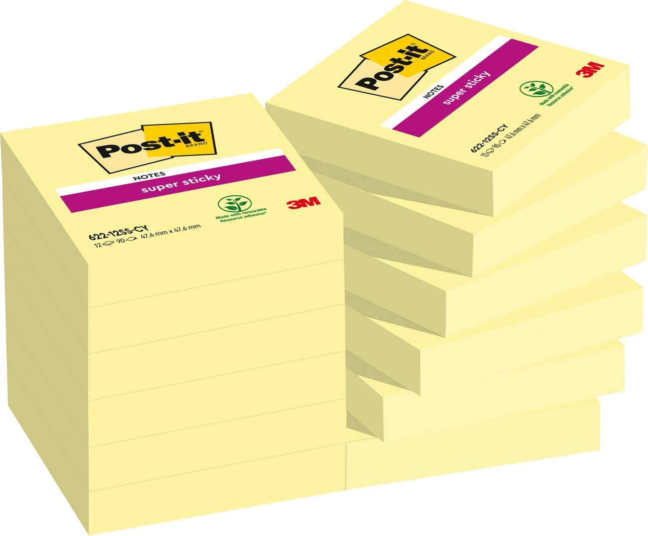 Notes Post-it Super Sticky 47,6x47,6mm Jaune canari 12 Blocs de 90 Feuilles