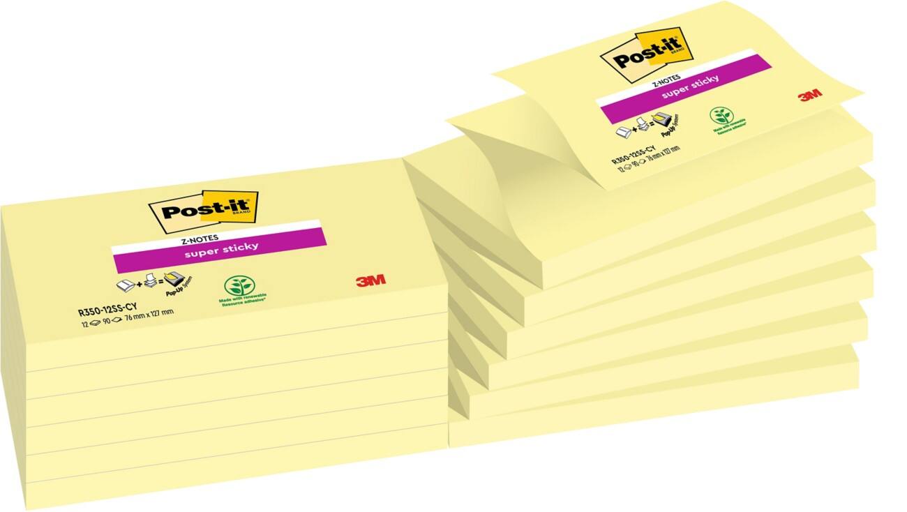 Z-Notes Post-it Super Sticky 127 x 76 mm Jaune canari 12 Blocs de 90 Feuilles
