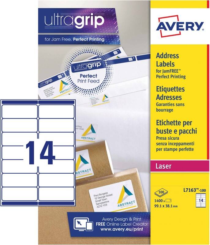 Étiquettes d'adresse Avery Ultragrip L7163-100 Adhésif A4 Blanc 99.1 x 38.1 mm 100 Feuilles de 14 Étiquettes