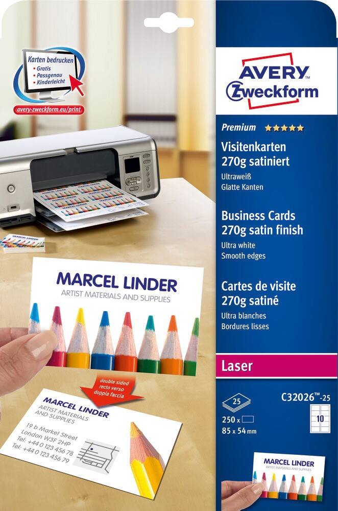 Cartes de visite AVERY Zweckform 270 g/m² Blanc 25 feuilles de 10 unités