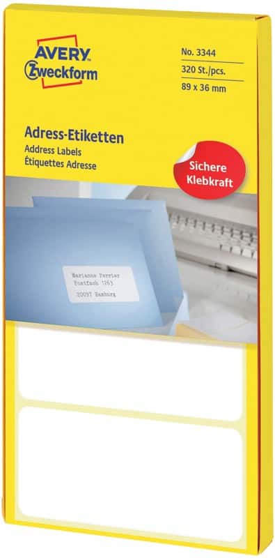 Étiquettes d'adresse Avery 3344 Adhésif Spécial Blanc 89 x 36 mm 80 Feuilles de 4 Étiquettes
