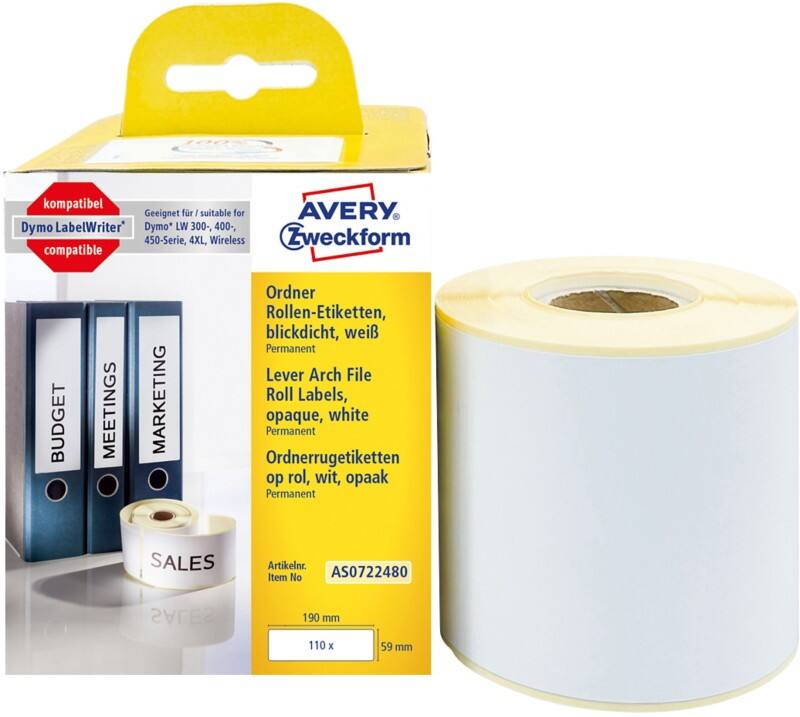 Étiquettes pour classeurs à levier Avery LW S0722480 / 99019 Dymo Compatibles Autocollantes Blanc 59 x 190 mm