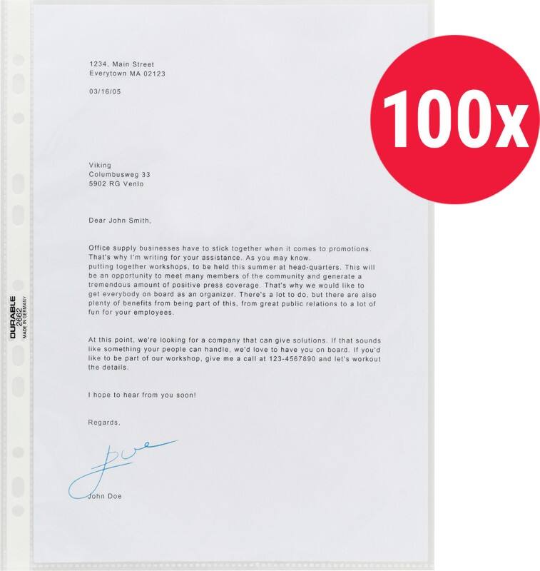 Pochettes perforées DURABLE Premium  A4 Transparent 60 microns PP (Polypropylène) Ouverture par le haut 11 perforations 267219 100 unités