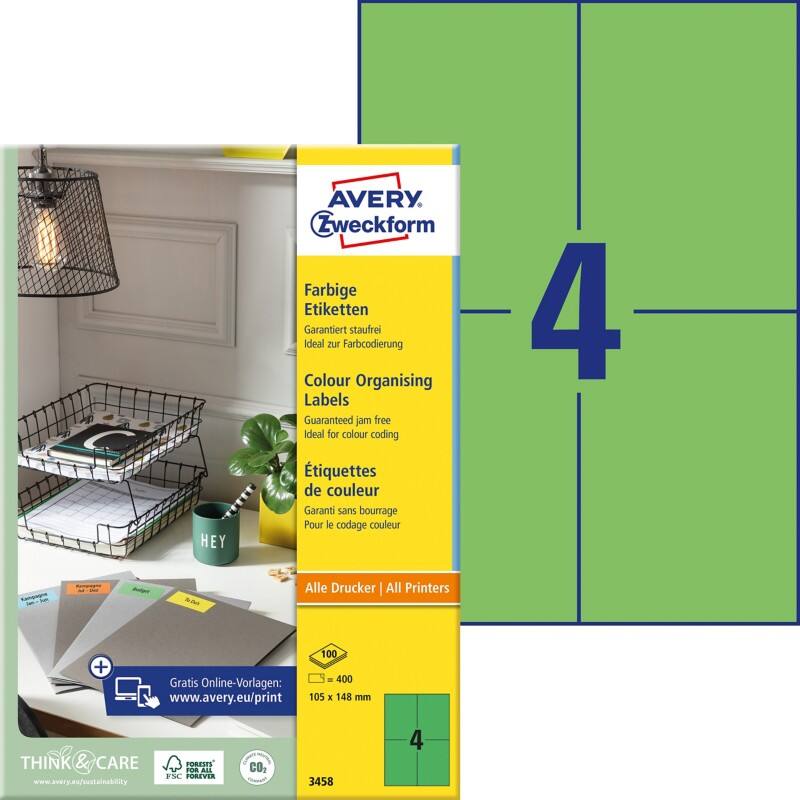 Étiquettes universelles Avery 3458 Adhésif A4 Vert 105 x 148 mm 100 Feuilles de 4 Étiquettes
