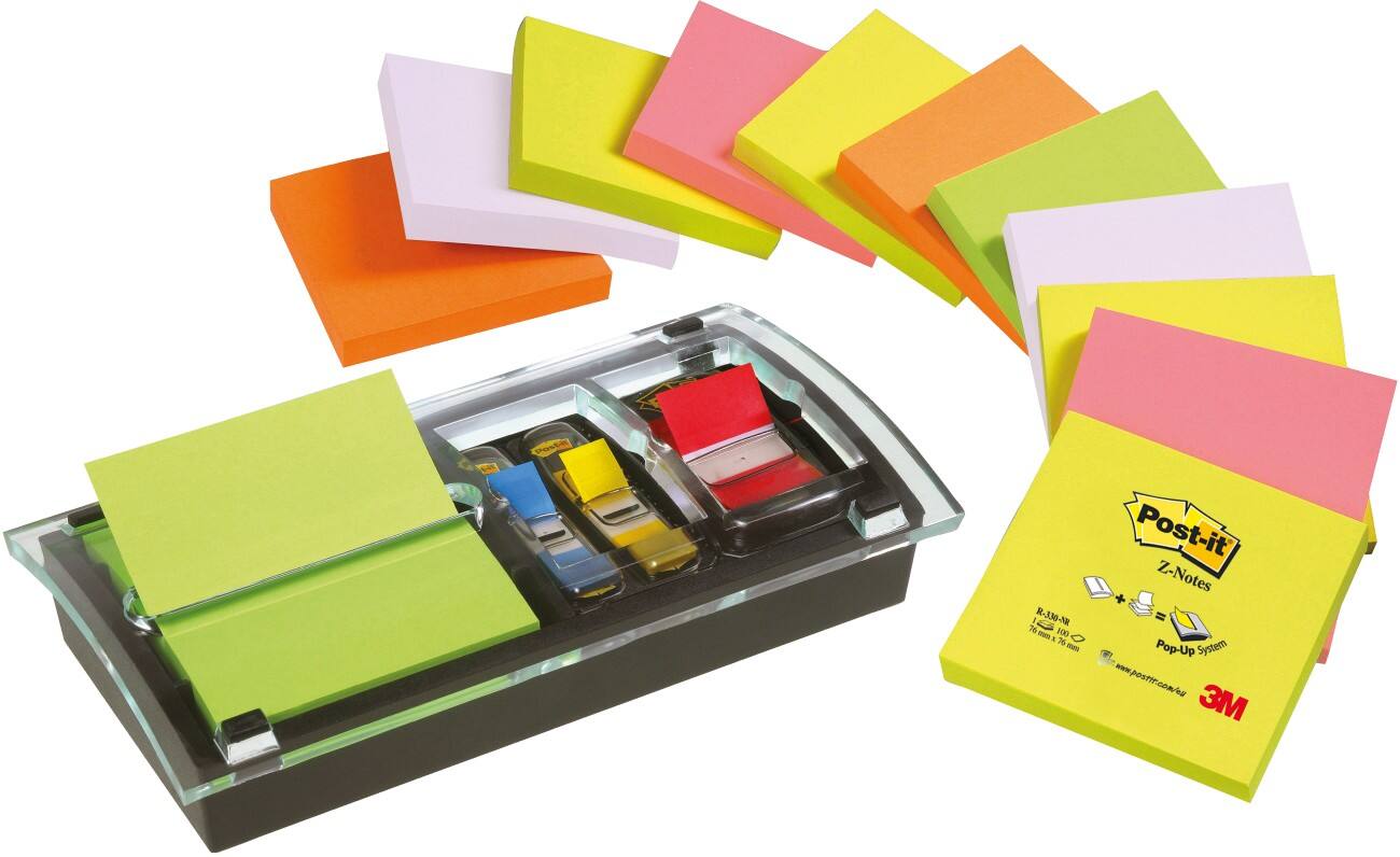 Z-Notes Post-it Pack Avantage 12 Blocs de 100 Feuilles 76 x 76 mm Couleurs fluo + Dévidoir & Index GRATUITS