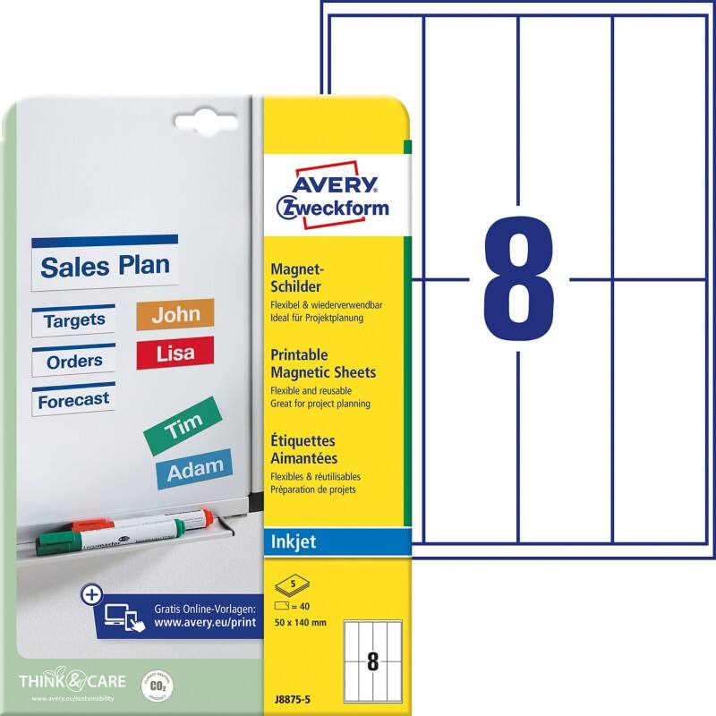 Étiquettes magnétiques Avery J8875-5 50 x 140 mm Blanc Rectangulaire 5 feuilles de 8 étiquettes