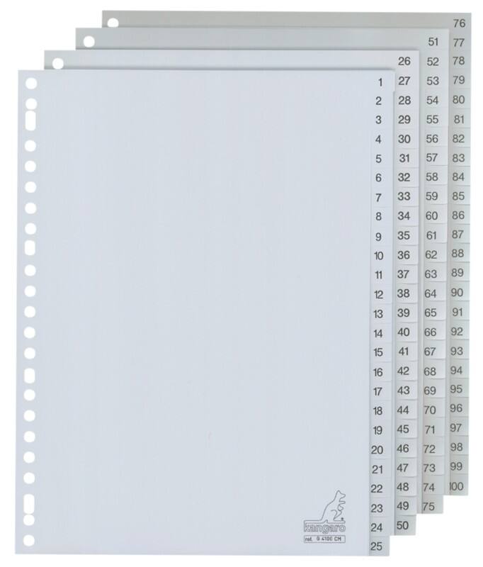 Intercalaires numériques 1 à 100 KANGARO  A4 Gris 100 intercalaires PP (Polypropylène) 23 Perforations G4100CM