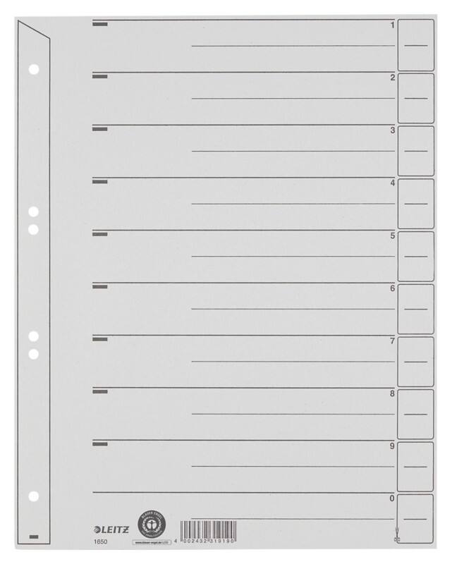 Intercalaires Leitz 1 à 10 A4 extra large Gris 10 intercalaires Carton 6 Perforations 1650 100 Unités