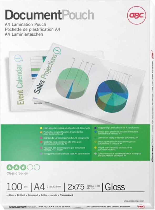 Pochette de plastification Document GBC A4 Brillant 75 microns (2 x 75) Transparent 100 Unités