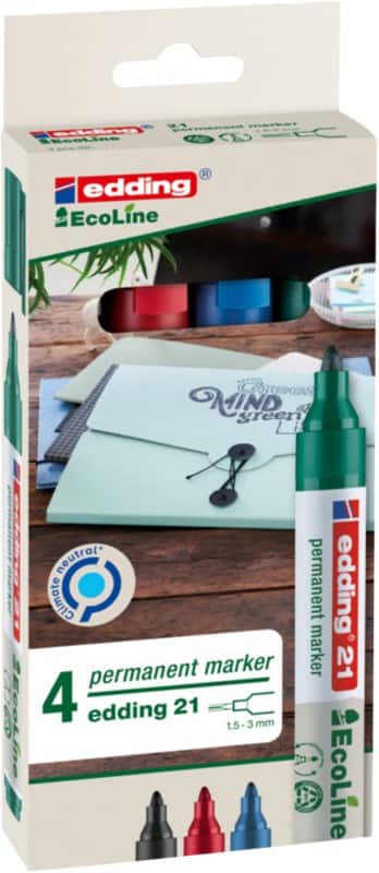 Marqueur permanent edding EcoLine 21 Moyen Ogive 1,5 - 3 mm Assortiment Rechargeable Résistant à l'eau 4 Unités