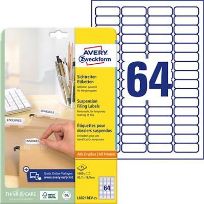 Étiquettes pour dossiers suspendus Avery L6021REV-25 Blanc 45,7 x 16,9 mm 64 Feuilles de 25 Étiquettes