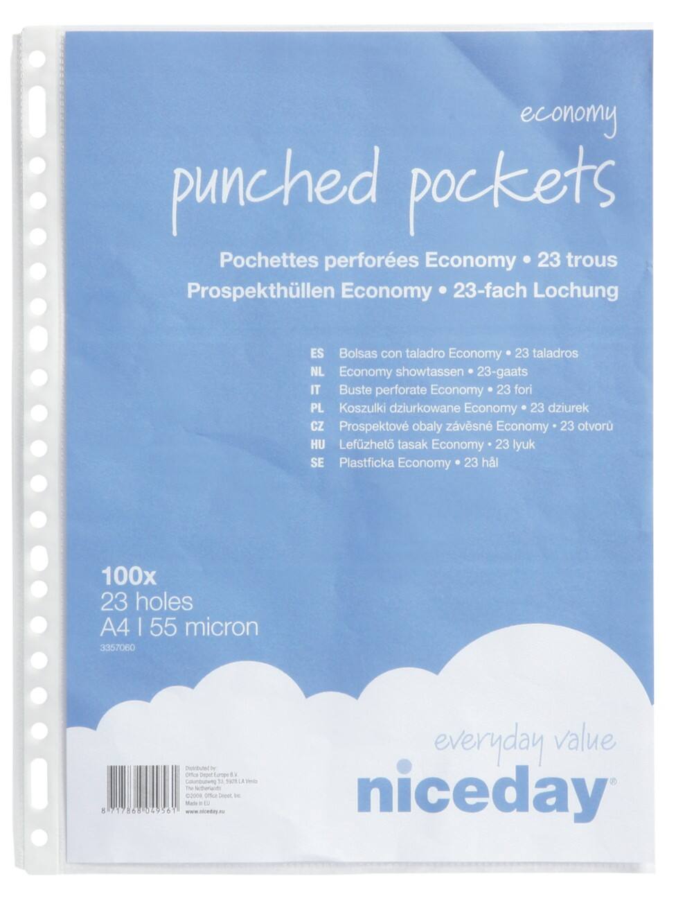 Pochettes perforées Niceday Economy A4 23 trous Transparent polypropylène 55 micron 100 unités