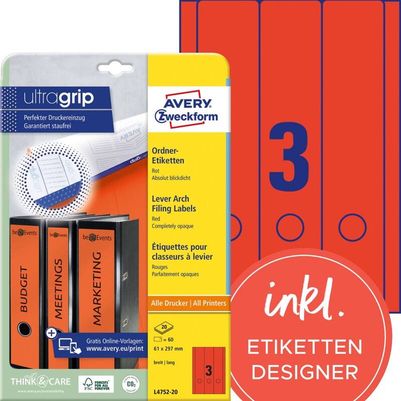 Étiquettes pour dos de classeurs Avery Ultragrip L4752-20 Rouge A4 61 mm 20 Feuilles de 3 Étiquettes