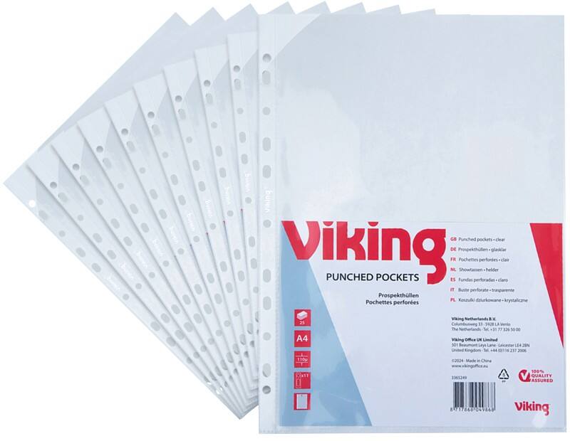 Pochettes perforées Premium Viking A4 Transparent 110 microns PP (Polypropylène) Ouverture par le haut 11 perforations 3365249 25 unités