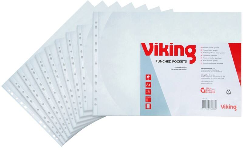 Pochettes perforées Premium Viking A3 Paysage Granuleux Transparent 110 microns PP (Polypropylène) Ouverture par le haut 11 perforations 3365770 10 unités