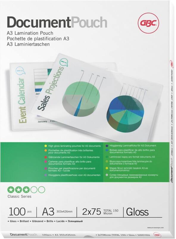 Pochette de plastification Document GBC A3 Brillant 75 microns (2 x 75) Transparent 100 Unités